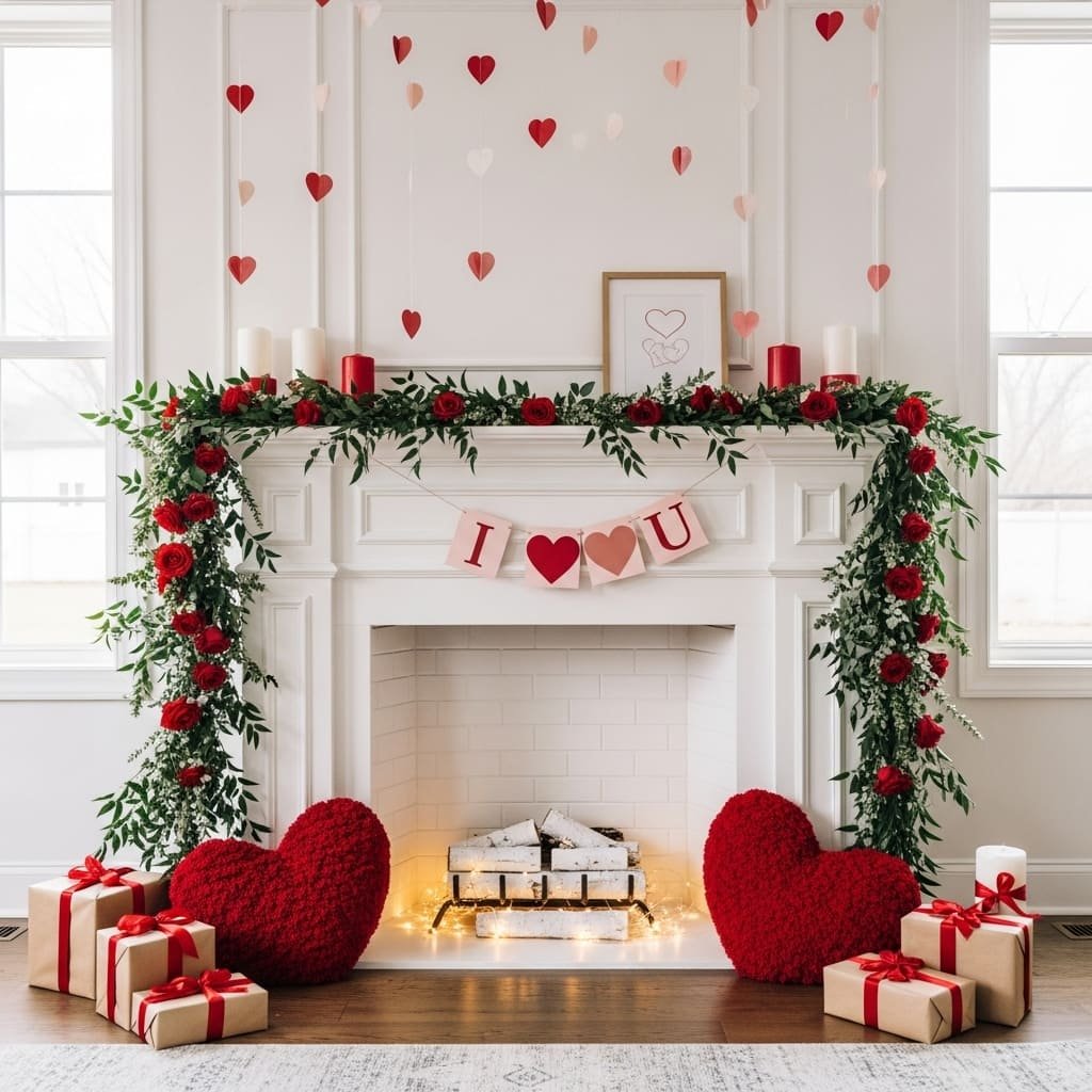 Romantic Rose Garland Valentine Fireplace Display