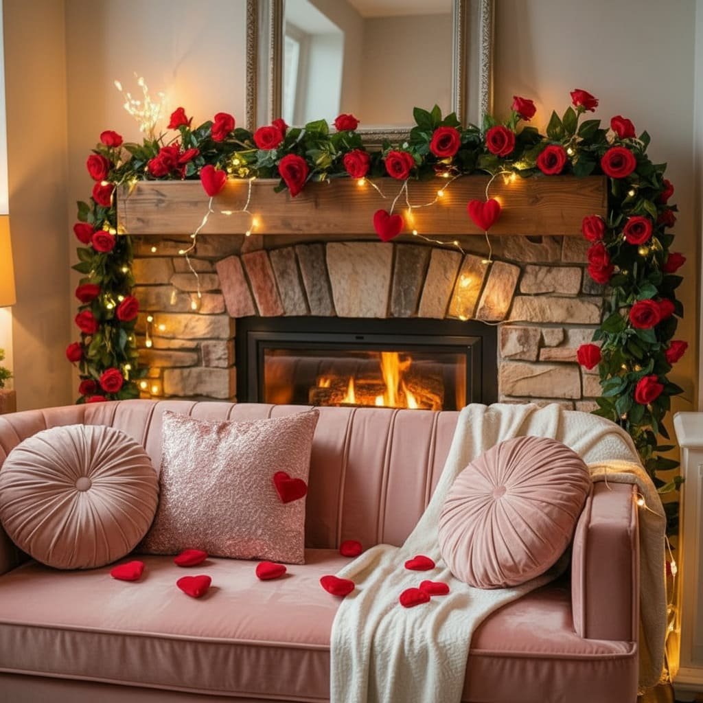Rose Garland Candlelit Valentine Fireplace Setting
