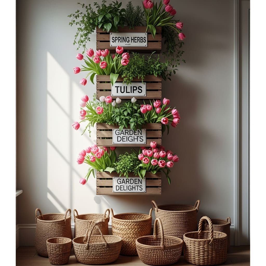 Rustic Herb and Tulip Wall Planter Display