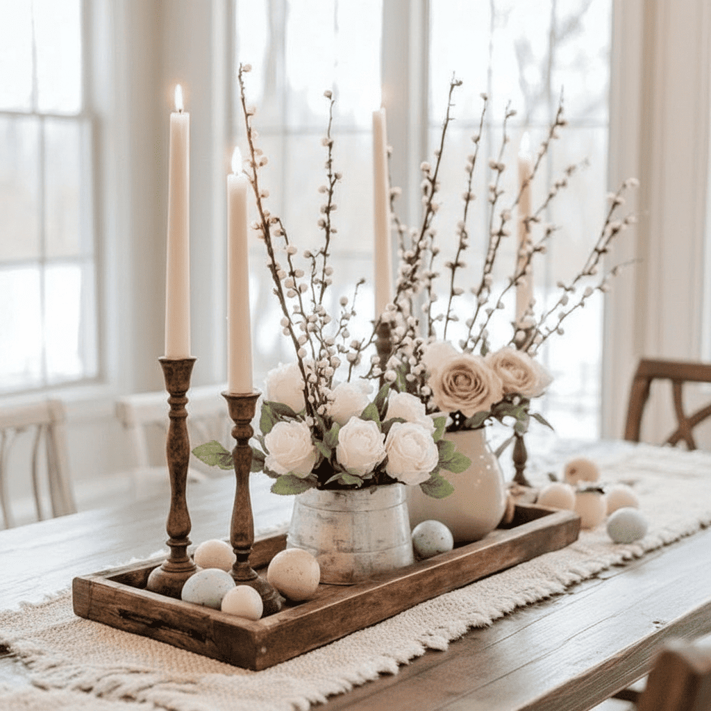 Rustic Spring Candle and Floral Table Centerpiece