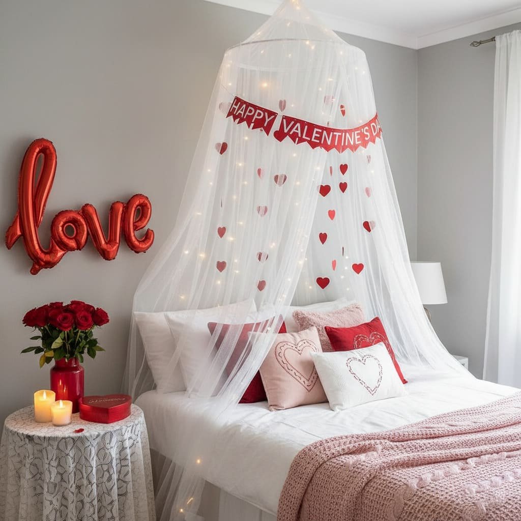 Sheer Canopy Heart Banner Valentine Bedroom Decor