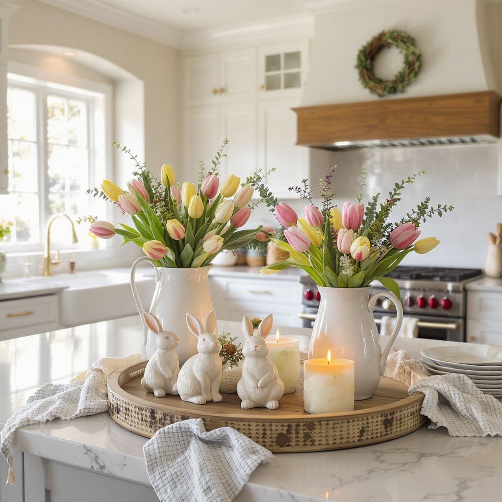 Tulip and Bunny Spring Kitchen Island Centerpiece