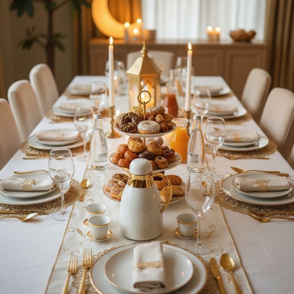 White and Gold Iftar Dessert Table Setting