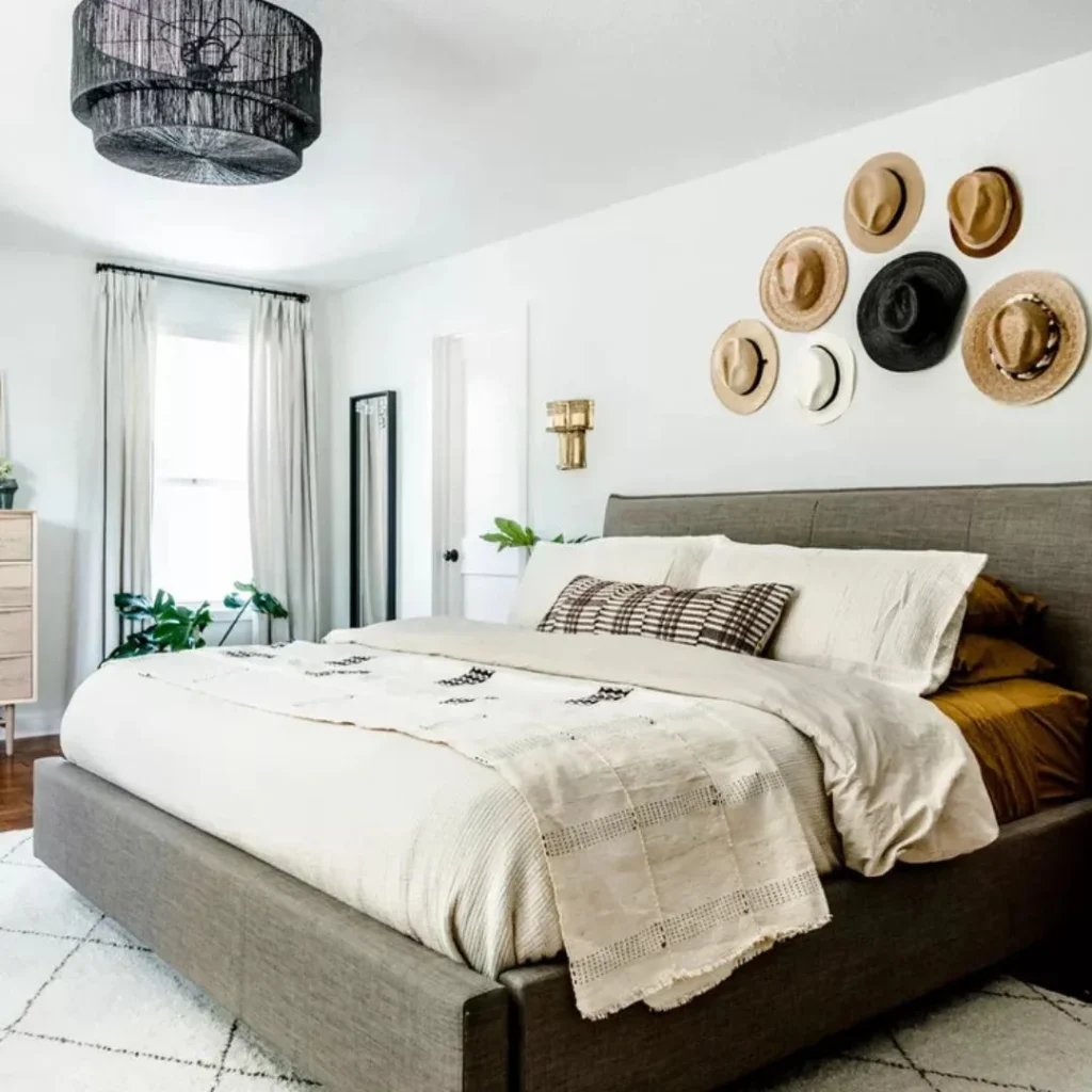 Boho Bedroom with Hat Wall Display,