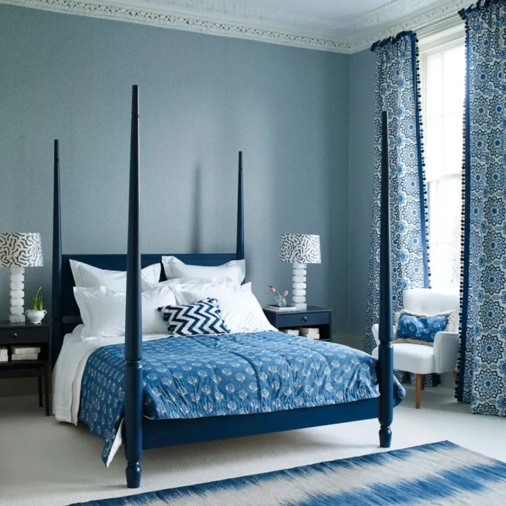 Navy Four-Poster Bed with Blue Floral Curtains