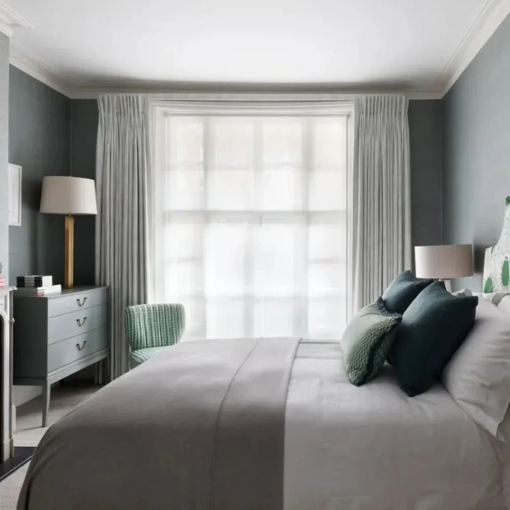 Slate Grey Bedroom with Green Velvet Accents