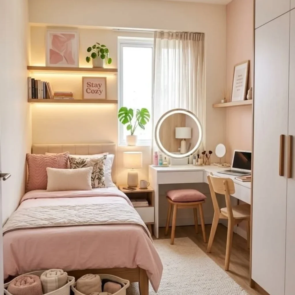 Small Pink Bedroom with Vanity Desk